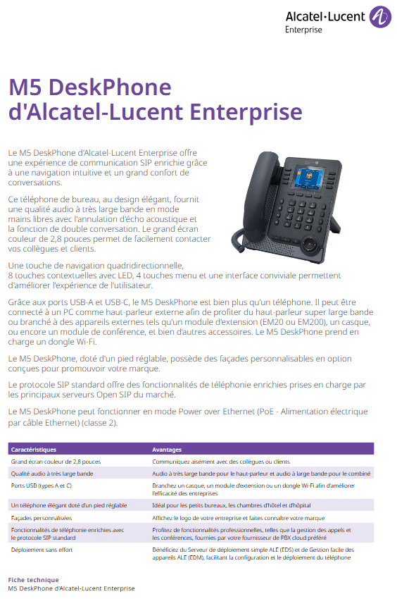 ALE / Myriad M5 - Téléphone SIP milieu de gamme avec écran couleur - 2 ports RJ45 gigabit, 2 ports USB, Connexion RJ9