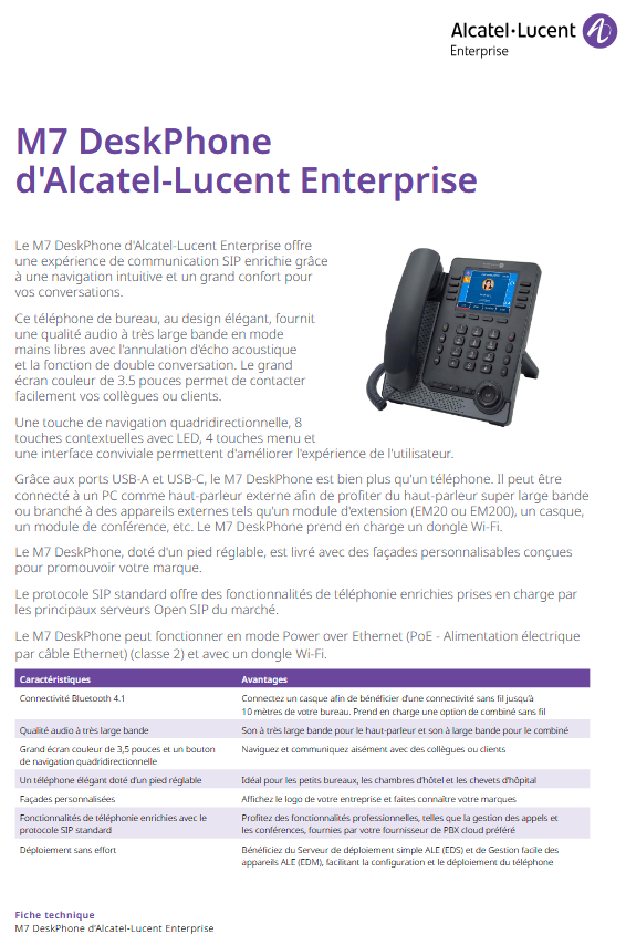 ALE / Myriad M7 - Téléphone SIP haut de gamme avec écran couleur - 2 ports RJ45 gigabit, 2 ports USB, Connexion Bluetooth
