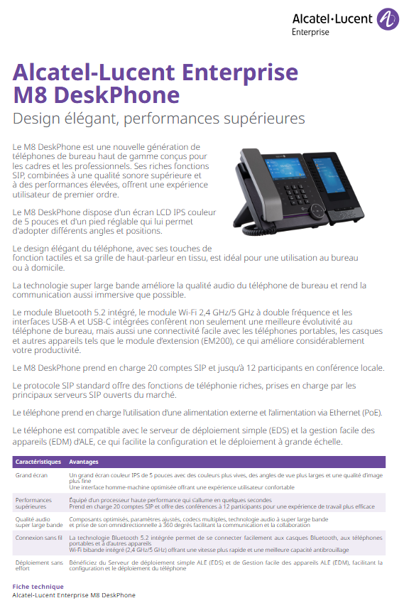 ALE / Myriad M8 - Téléphone SIP trés haut de gamme avec écran couleur - 2 ports RJ45 gigabit, 2 ports USB, Connexion Bluetooth 